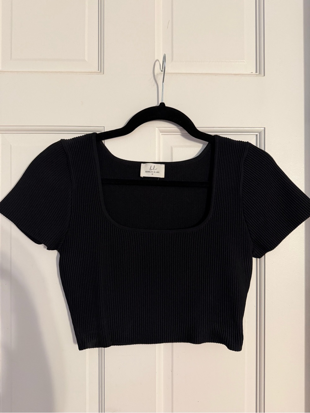 Bobbles & Lace Ribbed Square Neck Black Crop Top - size medium